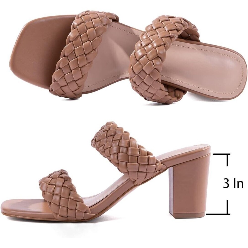 Women Heels Sandals Woven Size 6 Chunky Braided Nude Square Toes - Picture 5 of 8
